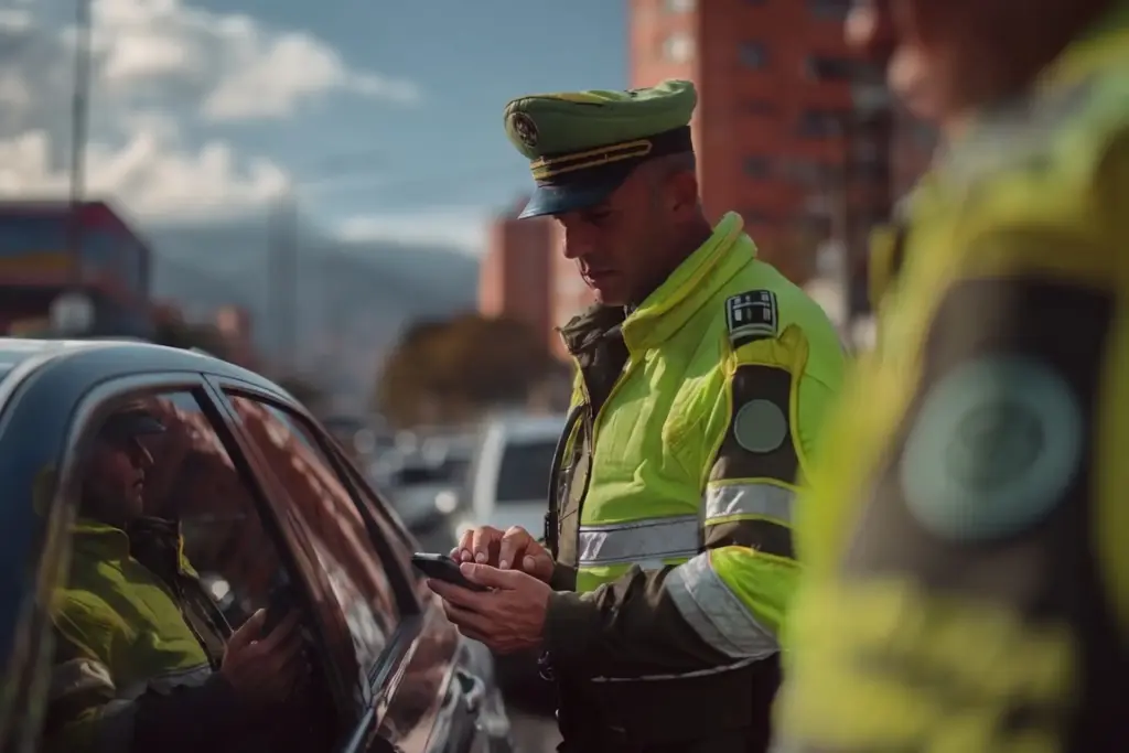 Agente de tránsito elaborando un comparendo a un conductor en una calle de ciudad en Colombia